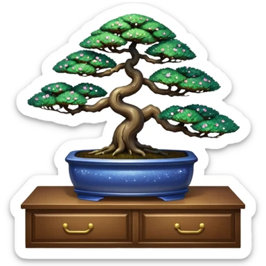 Shiny sparkly glittery beautiful elegant pretty precious divine Japanese bonsai tree in a pot on a dresser beautiful aesthetic scenery  sticker