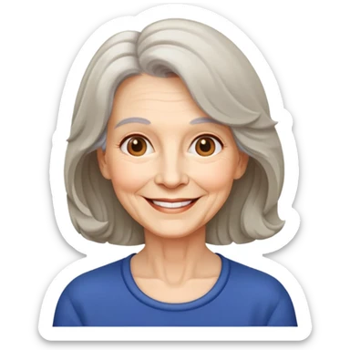 "- Nữ
- 70 tuổi
- Da trắng
- Tóc ngang vai, xoăn nhẹ
- Mặt cười" sticker