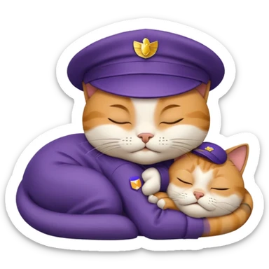 emoji of sleeping cat, its pose is lying, it has on his head FedEx uniform cap sticker