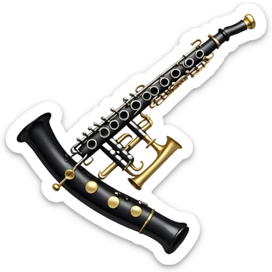 Create an elegant and detailed emoji representing a clarinet. The design should feature the sleek, black wood finish of the clarinet with its shiny metal keys clearly visible. Highlight the intricate details, such as the bell at the end and the carefully crafted mouthpiece with the reed. Use black wood tones for the body of the instrument and silver or brass accents for the keys. Add subtle musical notes or soundwaves floating around the instrument to evoke the smooth, melodic sound of the clarinet. The background should be transparent. sticker