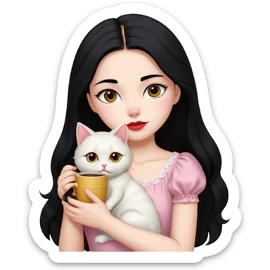 Beautiful Girl Long Hair black, Brows Big , Skin White, Dress Pale Pink , Big Red Lips, EyesCoffe , Hug Little baby Persa Cream Cat With Cute Eyes sticker