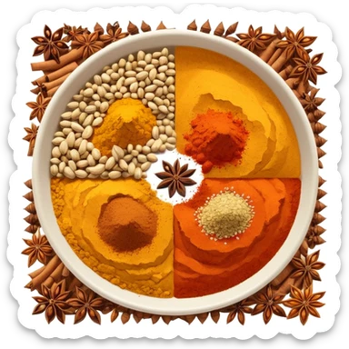 cluster of three loose spices turmeric paprika cumin distinct textures vibrant earthy colors side by side no bowls jars faces clean 3D soft lighting transparent background emoji scale sticker