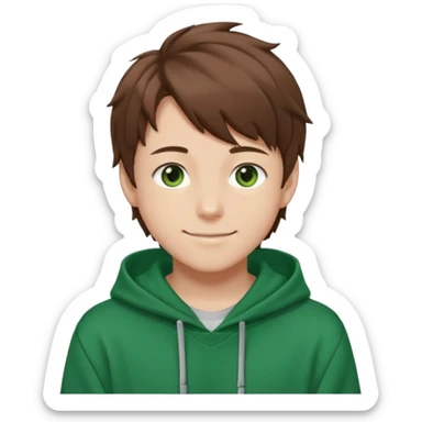 the face of an Anime teen boy with brown hair, green eyes, looking smiling slightly sideways positioned. Face must be main filling of the emoji. A little piece of hoodie can be visible. 128px sticker