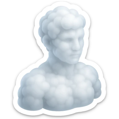 person looking straight, fully made of white fluffy convex clouds, shoulders, matte glass style sticker