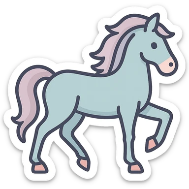 Depict a horse exactly like the reference image in color, style, details, face, mane, tail, shadows, and highlights, preserving all these elements. Change the pose to match the sketch reference with the body and legs positioned exactly as in the sketch. Use the icon-color-outlined style with a pastel palette of #98B5BC, #B5B3C1, #C9A3C9, #E4C0CA, #F7DCD1, #F7C0AA. Transparent background, no decoration. sticker