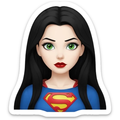 Black haired woman, green eyes, black lipstick, white skin, black t shirt, sharp face, long hair, feminine, Devine, superman logo on t shirt sticker
