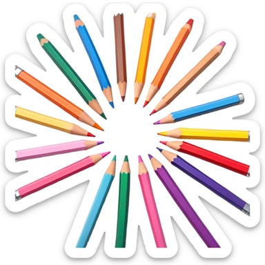 Cinematic Realistic image of a set of finely sharpened colouring pencils arranged neatly on crisp paper, rendered with vibrant hues and detailed pencil textures, illuminated by soft, creative lighting that captures the spirit of artistic expression sticker