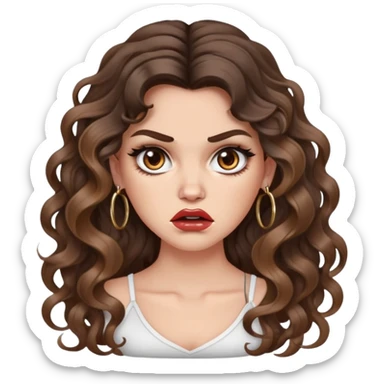 cute girl with not volominous VERY LONG curly/wavy brunette hair with balayage, brown eyes, full lips, cute makeup and hoop earrings white girl: ANGRY FACE sticker