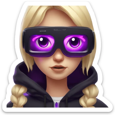 Russian cute blond student girl wearing black hoody with violet letters "OMG", in vr headset. No eyes. Cyberpunk style. Violet neon. sticker