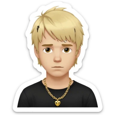 make a iphone emoji who is a white man that looks young with messy blonde medium hair with bangs, and a black punk shirt and a golden neckless sticker