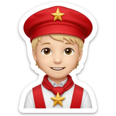 A Soviet pioneer emoji — smiling young boy wearing a bright red tie (pioneer neckerchief) and a red pilotka cap with a small gold star badge. White shirt, neat and cheerful, minimal flat emoji style, simple colors, clear outlines, professional emoji design. sticker