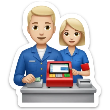 Supermarket employee at a cash register, full body, serving a man sticker