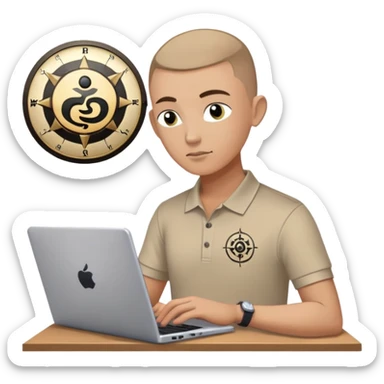 Gender: Male Hair: Buzzcut with yin-yang shaped fade Face: Third Eye chakra sticker on forehead Clothes: Bagua-patterned polo shirt Action: Aligning computer with compass while debugging code sticker