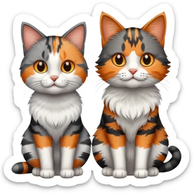 A grey tabby cat with dark grey stripes sitting next to a calico cat  sticker