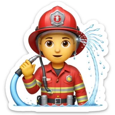 A 3D Apple-style emoji character dressed as a firefighter in a bright red uniform and helmet, holding a fire hose spraying water forward, determined expression with cartoonish eyes, water splashing effect, clean minimal background sticker