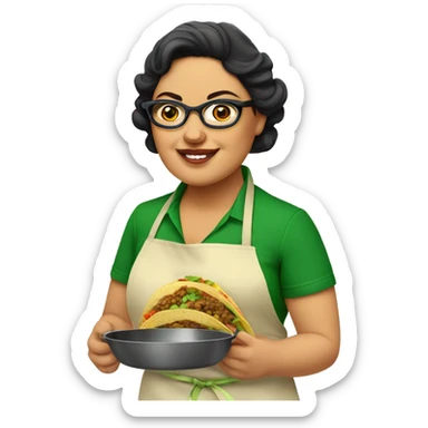 mexican chubby lady green apron  with glasses cooking tacos sticker