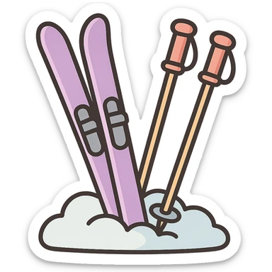 cross-country skis and poles both stuck at an angle into a snowdrift, detailed shading, thin clean outlines, soft rounded features, pastel palette #98B5BC #B5B3C1 #C9A3C9 #E4C0CA #F7DCD1 #F7C0AA, Japanese pop art, sticker look, highly detailed, vector clarity, soft lighting, subtle shadows, transparent background sticker