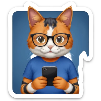 un gato de tres colores naranja, negro y blanco con gafas de leer con un celular en manos leyendo comentarios y que tenga una remera color azul oscuro que diga UOM sticker