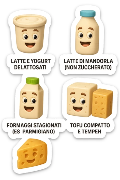 emoji stile iphone 3d di questi elementi che fluttuano in aria:

Latte e yogurt delattosati
Latte di mandorla (non zuccherato)
Latte di soia da proteine isolate
Formaggi stagionati (es. parmigiano)
Tofu compatto e tempeh
 che fluttuano in aria,  le etichette scrivile in italiano, iperealistico 4k sticker