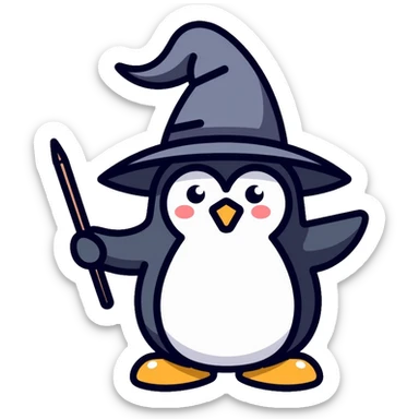wizard penguin wearing a pointy wizard hat and holding a magic wand sticker