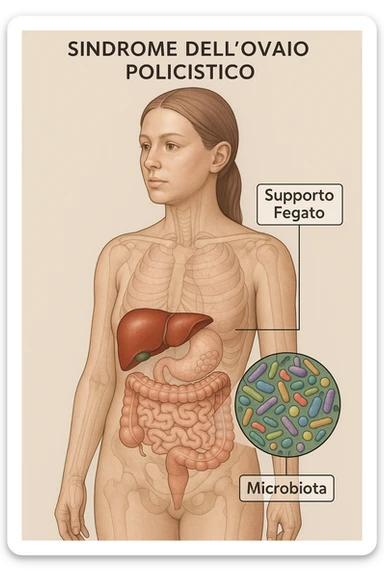 donna con supporto fegato e microbiota in 3D immagine medica donna pcos in italiano  sticker