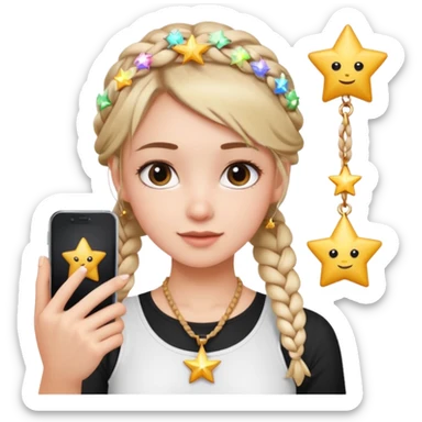 a girl wearing cute white top with a braid outing in the camera as a selfie and a star necklace in the neck  sticker