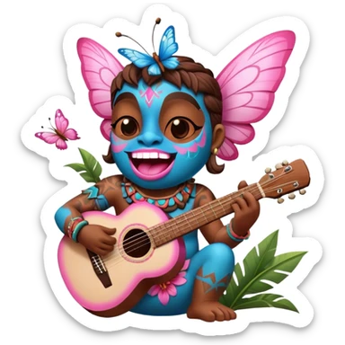Pixar style little Cartoon Blue and pink tiki singing with a butterfly and playing a guitar, ultra detailed and lifelike imagery sticker