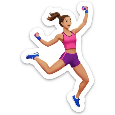 An energetic person performing an aerobics workout in a brightly lit gym, jumping and stretching with enthusiasm. The scene includes vibrant fitness equipment like dumbbells and exercise mats, with a background of cheerful, motivating colors, conveying energy and movement. sticker
