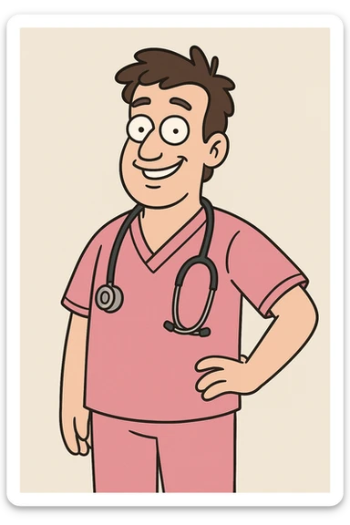 a smiling doctor with pink scrubs and stethoscope, cartoon style sticker