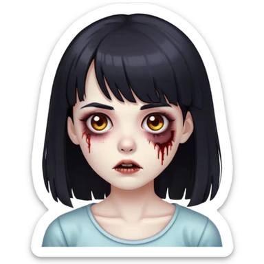 zombie girl with long black hair and short bangs and dark brown eyes sticker