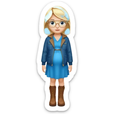 18 year-old pregnant blonde girl with golden glasses with blue eyes in a bright blue dress and a dark green jacket and brown boots sticker