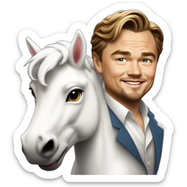 Leonardo DiCaprio smiling and riding a white unicorn as a rich billionaire sticker