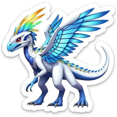 Shiny Futuristic Celestial Magical Ethereal Fakemon-HeadFeathers-Pokemon-Digimon-Spectrobes-Raptor-Dinosaur-fusion, full body sticker