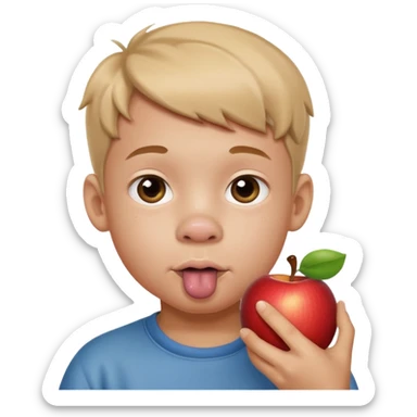 A boy who has a pig nose and eating apog nose sticker