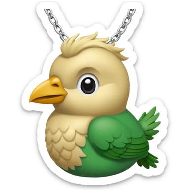 un oiseau classique tout vert avec un collier autour de son cou avec des breloque argentées et un seul poil blond qui fait une petite bouclette sur le front le collier est autour du coup de l’oiseau entre la tête et le corps sticker