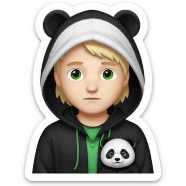 A white man with green eyes, medium-length blond hair, wearing a panda hoodie and black pajama-like robes. sticker