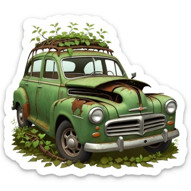 Broken down old car covered in rust and vines,  cracked windshield, weeds growing through wheels,  muted desaturated browns and greens,  decay texture, forgotten and overgrown sticker