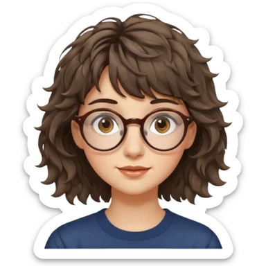 Koyu renk, dağınık dalgalı saçlı, kısa kahküllü, yuvarlak gözlüklü ve büyük kahverengi gözlü bir genç kadının yüzünü gösteren emoji tarzı illüstrasyon. Hafif bir gülümseme veya tatlı bir sırıtış ifadesi var. Cilt tonu açık. sticker