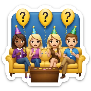 group of friends on couch playing a trivia game couch should be deep dark yellow color.  include a small wooden table in front of the couch as well.  Add smiling face emoji and question marks above their heads sticker
