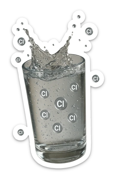 un bicchiere di acqua cade verticalmente dall'alto realistico e dettagliato, dentro l'acqua del bicchiere ci sono particelle di cloro ben visibili con la scritta "Cl" sopra, ci sono particelle anche che escono dal bicchiere e fluttuano in aria verticalmente, mentre alcune sono all'interno dell'acqua nel bicchiere, iperrealistico 4k sticker
