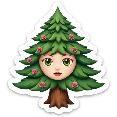 Petit sapin vert sylvestre, féminin, regard malicieux, tâches de rousseurs délicates, joues roses. Yeux de biche brillants en forme amande, yeux couleur ambre, tronc couleur acajou. Sapin en mouvement, incurvé pour un effet vivant. sticker