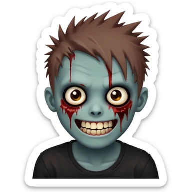 zombie boy with brown emo spiky hair, white skin, and white eyes; an open smile, and bloodied teeth; sticker