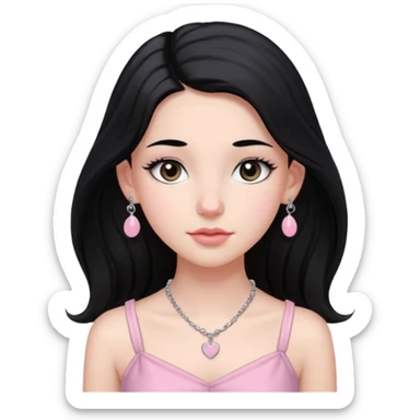 Menina branca ,cabelos pretos longos, olhos pretos puxados para cima. Cílios longos, lábios grossos ,nariz pequeno.vestido rosa claro de alça. Colar e brinco prata pontinho pequeno. Jovem  de 16 anos  sticker