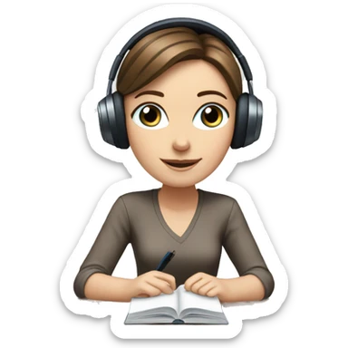 white girl studying at desk, brown hair, blue eyes, computer, headphones sticker