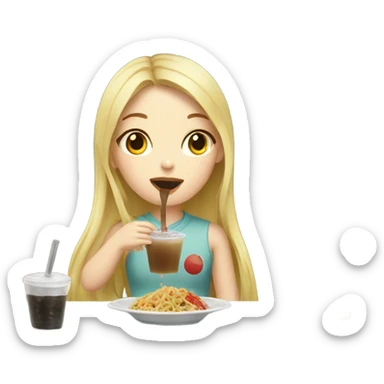  Blonde long hair girl eating Korean food and drinking boba sticker