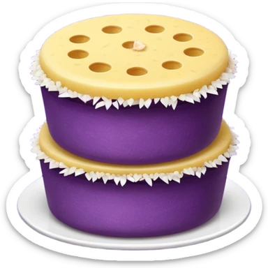 Create an emoji-style illustration of puto bumbong. Purple steamed rice cakes stacked together, topped with butter, grated coconut, and brown sugar. Cute, clean, iOS-style emoji look sticker