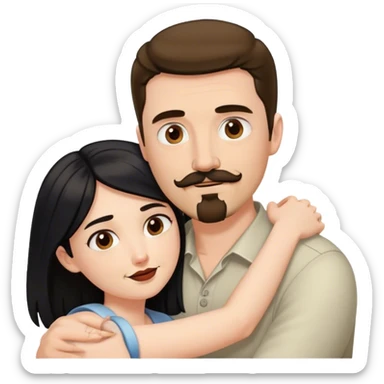 Tall white man with brown mustache goatee AND a short pale woman with long black hair, hugging sticker
