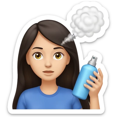 Emoji-style illustration of a woman with long dark hair, front-facing, simple rounded facial features, big expressive eyes, flat vector shading. A hand is spraying hair spray from a small aerosol can toward her hair, visible mist/spray particles in the air.  sticker