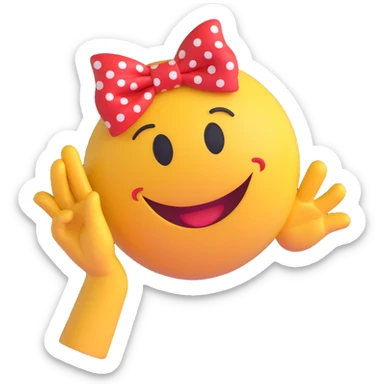 3D smiley emoji, large eyelashes, red polka dot bow, winking, smiling, waving with one hand, cute style sticker