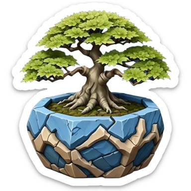 Korean very old broken Stone Age rocky-crusted dodecahedron-shaped shallow dark moss rough bark blue maple tree bonsai pot sticker